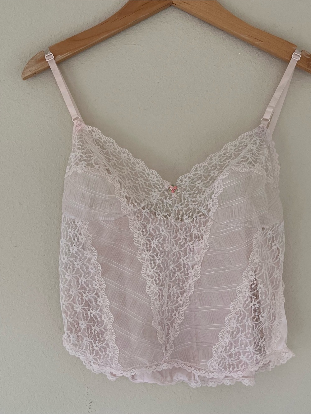 Vintage 90s Womens Lace Cami Top S/M Pink Sheer Soft Girl Grunge Cocquette Y2K